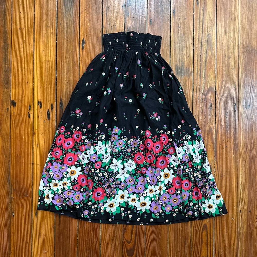 Vintage 70s Sears JR Bazaar black floral long midi skirt w elastic waistband